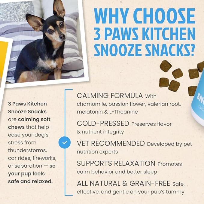 3 Paws Kitchen Snooze Snacks - Calming Chews for Dogs with Melatonin, Chamomile, and Valerian Root - Dog Anxiety Relief Supplement - 120 Soft Chews - Natural, Vet-Approved - Made in USA