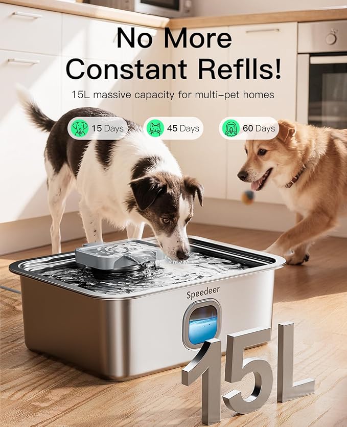 4Gal/15L Dog Water Fountain for Large Dogs, Stainless Steel Large Pet Drinking Fountain, Automatic Dog Water Bowl Dispenser with Deeper & Wider Drinking Area, Multi-Filtration, Ultra-Quiet, 6 Filters