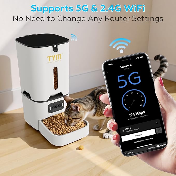 TYM Automatic Cat Feeder with Camera, 5G WiFi Auto Cat Dog Food Dispenser with APP Remote Control, 7L Large Food Storage for Multiple Pets, Scheduled Feeding, Stainless Steel Bowl, Easy Clean