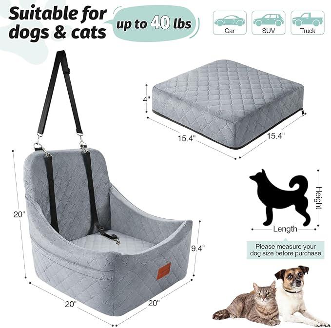 Dog Car Seat for Medium Dogs Up to 40lbs,Fully Detachable and Washable,Easy to Install with Adjustable Straps,Anti-Slip Base Travel Car Bed for Pets,2 Side Pockets(Grey,Medium)