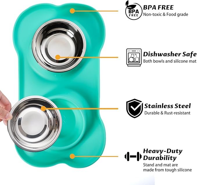 Hubulk Pet Dog Bowls 2 Stainless Steel Dog Bowl with No Spill Non-Skid Silicone Mat + Pet Food Scoop Water and Food Feeder Bowls for Feeding Small Medium Large Dogs Cats Puppies (Medium, Mint Green)