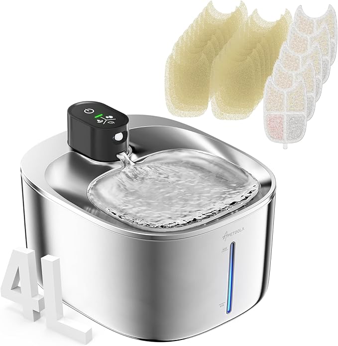 Cat Water Fountain Stainless Steel,152oz/4L Wireless Pet Fountain Battery Operated,Quiet Filtered Pet Water Fountain,Automatic Water Bowl for Cats Dogs with Motion Sensor 5 Filters