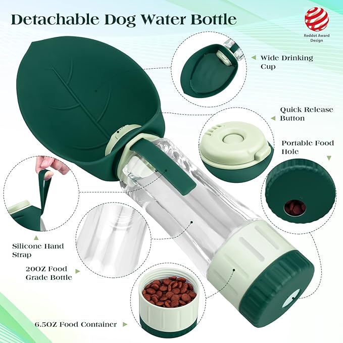TIOVERY Dog Water Bottle Dispenser for Walking, Pet Water Feeder Container Portable with Drinking Cup Bowl Outdoor Hiking, Travel 20OZ Large Green