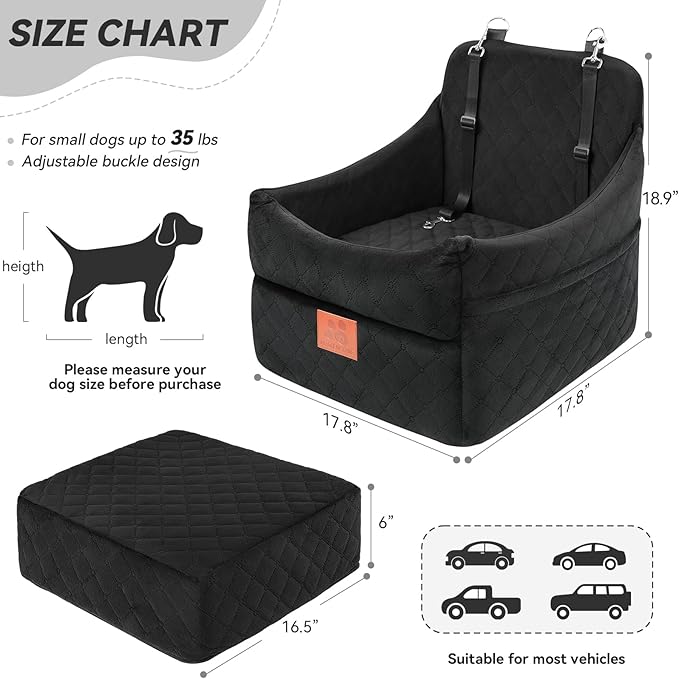 Dog Car Seat for Small/Medium Dogs, Dog Booster Car Seats with Thick Cushion for Dogs Under 35lbs, Detachable Washable Pet Carseat with Storage Pockets, 2 Safety Belts(Black)