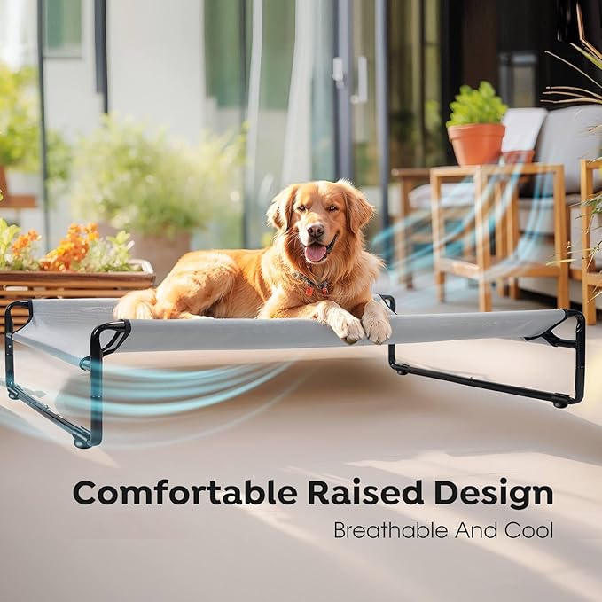 Veehoo Original Outdoor Elevated Dog Bed, Cooling Raised Dog Cot for Medium Dogs, Portable Standing Pet Hammock Platform with Washable Breathable Mesh, No-Slip Feet, Medium, Grey, CWC2201