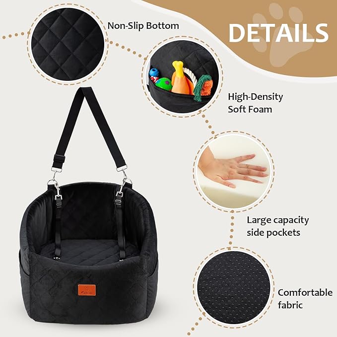 Dog Car Seat for Small Dogs, Memory Foam Dog Booster Car Seats with Thick Cushion for Dogs Under 30lbs, Detachable Washable Pet Travel Bed with Storage Pockets and 2 Safety Belt