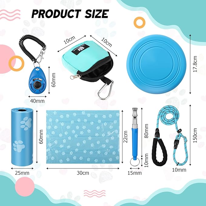 Sadnyy Dog Training Kit Treat Pouch with Clip Pet Training Clicker Silent Whistle Poop Bag 5 ft Leash Flying Disc for Puppy Dog Pet Behavior Aids Trick