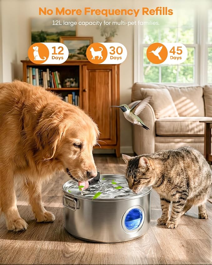 12L/ 3.4Gal Wireless Automatic Dog Water Fountain for Large Dogs，Stainless Steel 3 Modes Dog Fountain Water Bowl Dispenser, Multi Large Pet Water Fountain Ultra Quiet & Multi-Filteration