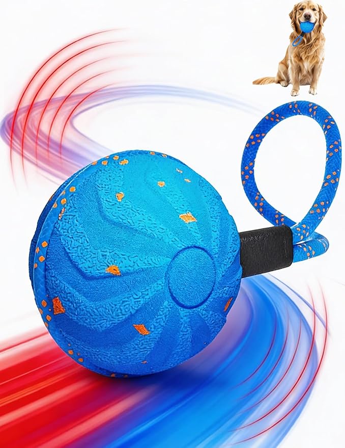 Interactive Dog Ball for Medium Large Dogs Automatic Motion-Activated Toy with Rope Handle 2 Play Modes Rotating Bouncing E-TPU Material IP54 Water-Resistant