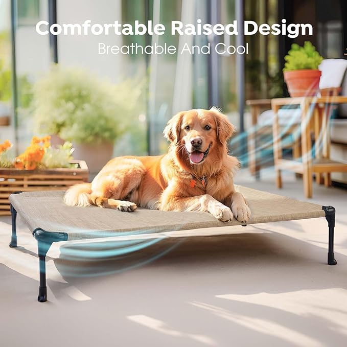 Veehoo Outdoor Elevated Dog Bed Large Sized Dogs, Extra Large Cooling Raised Dog Cots Beds Training Platform Off Ground Hammock with Breathable Mesh, No-Slip Feet, 45"x33", Beige Coffee