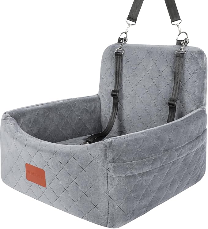 Dog Car Seat for Small Dogs Under 30lbs,Comfy & Safe Travel Bed with Washable Cover,2 Clip-On Safety Leashes and Pockets,Anti-Slip Base,Easy to Install(Grey)