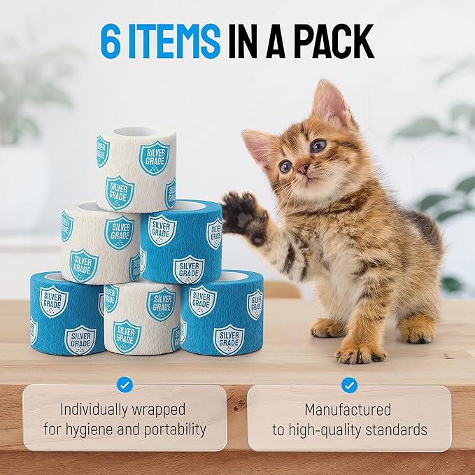 SILVER GRADE Wrap Self Adhesive Bandages 6 Rolls for Horses - 2 Inch Cohesive Pet Wrap for Dogs & Cats - Flexible & Durable First Aid Tape