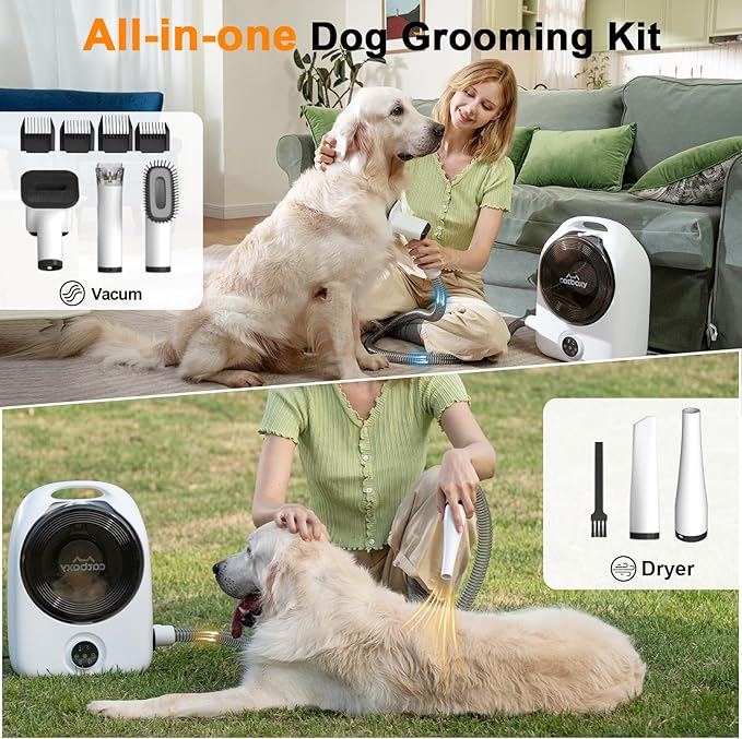 Dog Grooming Vacuum and Pet Dryer, 5-in-1 Dog Grooming Kit for Shedding, Low Noise Doggie Hair Blow Dryer, 2.5L Canister for Cat Vacuum Groomer, Portable Pet Trimmers for Dogs, White