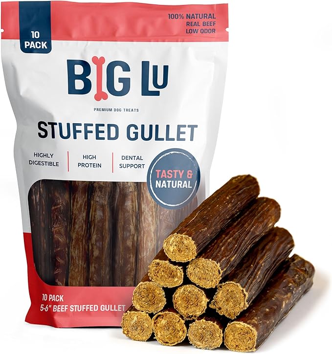 Big Lu - 6-Inch Stuffed Beef Jerky Sticks, 10 Count, Premium All-Natural Gullet Chews, High-Protein, Easily Digestible, Supports Dental Health and Joint Mobility