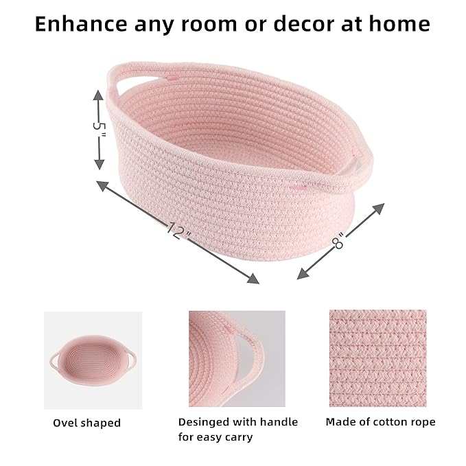 XUANGUO Small Woven Basket Cute Oval Cotton Rope Gifts Basket with Handle Empty Baby Wicker Storage Basket nursery Box Bin kids organizer Cat Dog toy basket Easter Basket light pink