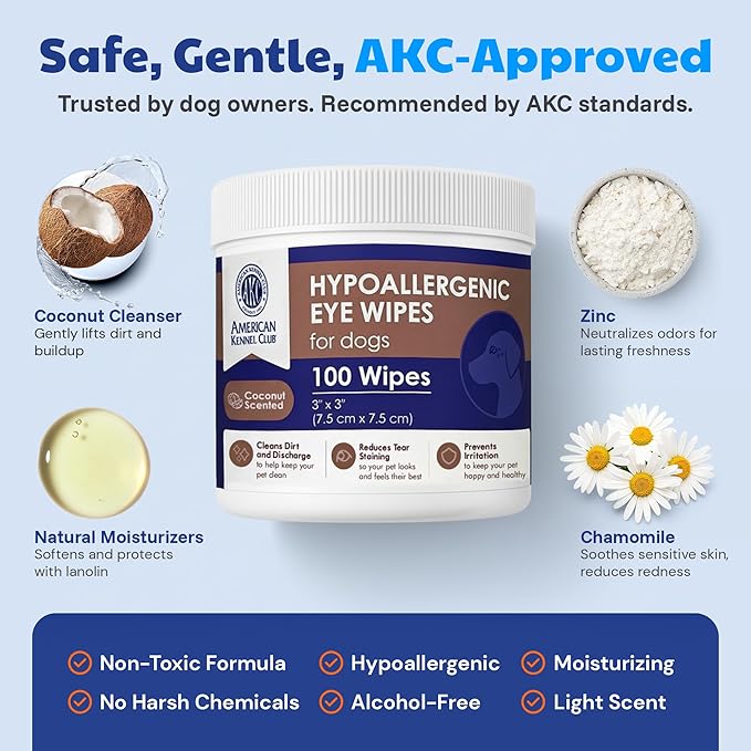 AKC Pet Eye Wipes for Dogs & Cats – Tear Stain Remover & Eye Discharge Cleaner – Hypoallergenic Grooming Wipes, 100 Count (Coconut Scent) AKC 3 * 3" PET Eye Wipes Coconut Scent 100 Count