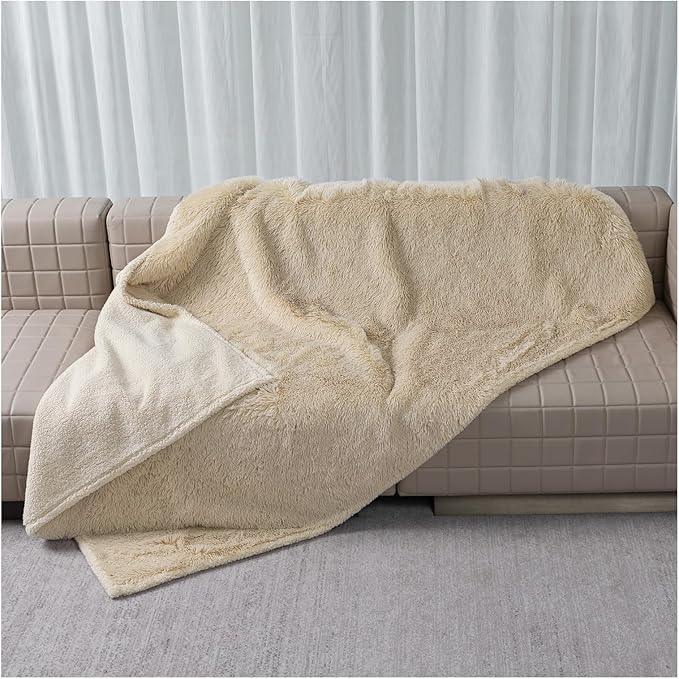 Waterproof Cream Calming Dog Blanket Beige Fluffy Long Faux Fur Pet Throw Blankets for Cats Puppy Couch Sofa Covers Washable Love Bed Cover(Beige,M-57x40in)