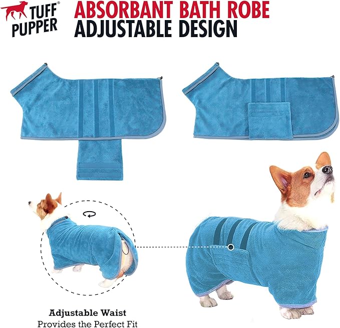 Tuff Pupper Bathrobe, Medium, Blue - Fast Drying Dog Towel Robe/Dressing Gown, 800 GSM Plush, Super Absorbent, Adjustable Hood & Belly Strap, Super Soft, Microfiber, Quick Dry