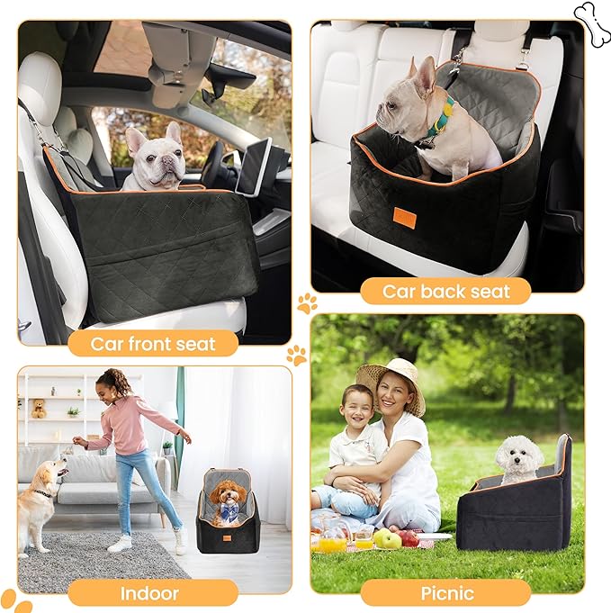 Dog Car Seat for Small Dog, Booster Seat for Dogs Under 30lb, Elevated Pet Seat with Pockets, Anti-Slip Bed for Car, Perfect for Front & Back Seats with Safety Leash (Black/Grey, Medium)