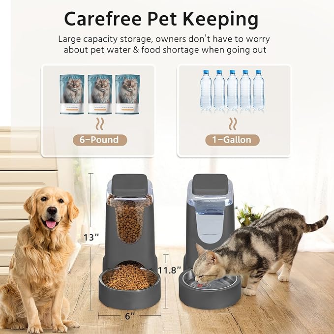 2 Pack Automatic Cat Feeder and Stainless Steel Water Dispenser, Gravity Dog Waterer Set Food Feeder and Waterer Set for Small Medium Kitten Puppy Pets(1 Gallon x 2, Charcoal Gray)