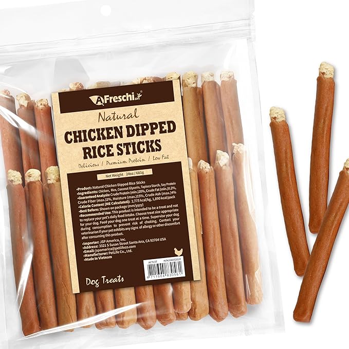 A Freschi srl Chicken Dog Treats, All Natural, Healthy & Easily Digestible, Grain-Free Puppy Chews, Low-Fat, Human Grade Training & Rewards Dog Snacks, Rice Sticks, 24 oz Pack