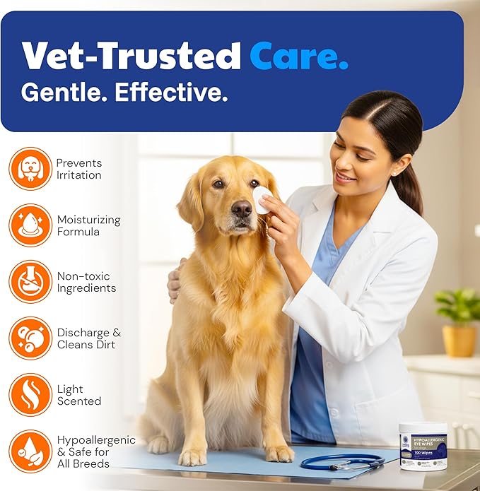 American Kennel Club Pet Eye Wipes for Dogs & Cats – Tear Stain Remover & Eye Discharge Cleaner – Hypoallergenic Grooming Wipes, 100 Count (Oatmeal Scent)