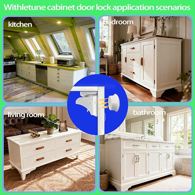 (12 Locks + 3 Keys) Withletune Child Safety Magnetic Cabinet Locks - Child Safety Drawer Lock, Suitable for Kitchens, cabinets, and Storage cabinets - no Drilling Required, Adhesive Installation.
