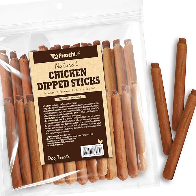 A Freschi srl Chicken Dog Treats, All Natural, Healthy & Easily Digestible, Grain-Free Puppy Chews, Low-Fat, Human Grade Training & Rewards Dog Snacks, Dipped Sticks, 24 oz Pack