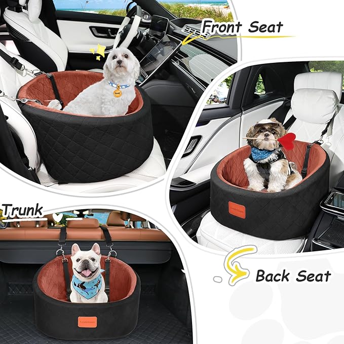 Dog Car Seat for Small Dogs Up to 30 Lbs,Ultra Soft Fabric Fill in Comfy Memory Foam,Happy Pet Ride,2 Safety Dog Leashes,Fully Detachable and Washable,Anti Slip Base (Black/Brown, Small)