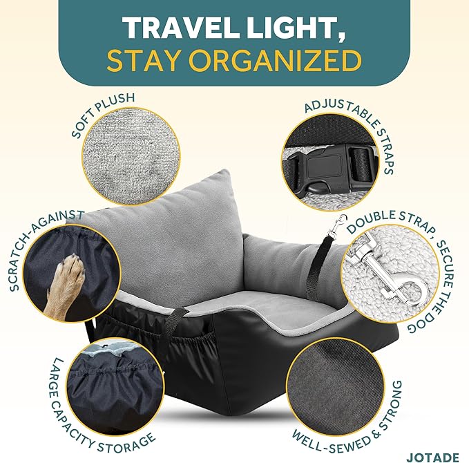 JOTADE Dog Car Seat Booster for Small & Medium Dogs Up to 35 lbs – Washable Elevated Pet Travel Seat, Clip-on Dual Safety Straps & Extra Cushion Cover, Easy Install Secure Car Seat for Dogs