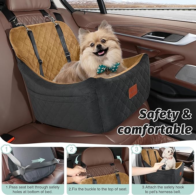 Dog Booster Car Seat for Medium Dogs Up to 40lbs Pets,Easy to Install,Fully Detachable and Washable,Anti-Slip Base,Snug Puppy Car Seat with 2 Clip-On Leashes(Black/Coffee,Medium)