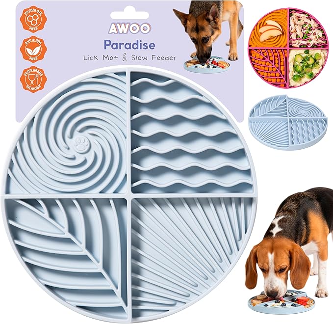 Awoo Paradise Silicone Dog & Cat Lick Mat & Slow Feeder with Suction Cups, Non-Slip, Dishwasher Safe, Extend Mealtime, Reduce Anxiety (Sky)