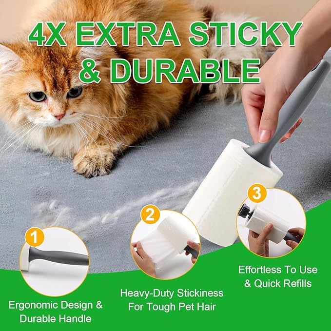 Lint Roller for Pet Hair 500 Sheets Extra Sticky Pet Hair Remover for Clothes Furniture Carpet Cleaner Cars Dogs Travel-Friendly Grip Handle White