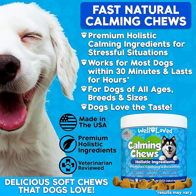 Calming Chews for Dogs - Dog Calm Treats, Made in USA, Vet Developed, Behavior Support, Stress, Separation, Fireworks, Travel, Melatonin, Natural & Holistic, 90 Count