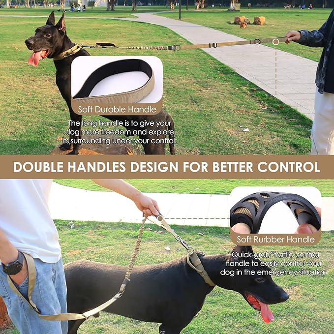 Hotsky Tactical Dog Leash Heavy Duty for Medium Large Dogs That Pull,4-6Ft Strong Bungee Shock Absorbing No Pull Dog Leash with Padded Double Handle and Car Seatbelt,Khaki