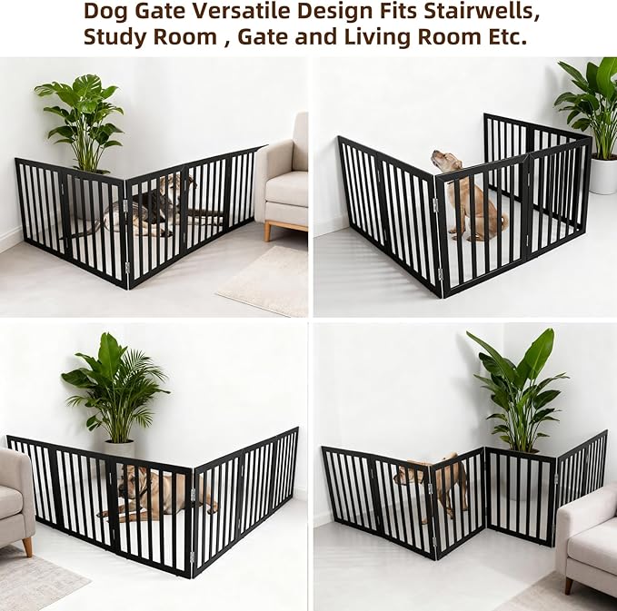 ZJSF Freestanding Indoor Dog Gate for House Foldable Wood Black Puppy Gate for Doorways Pet Gate for Stairs Extra Wide Pet Fence 32" Height 6 Panels