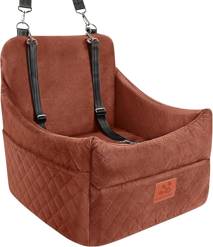 Dog Car Seat for Small/Medium Dogs, Dog Booster Car Seats with Thick Cushion for Dogs Under 35 lbs, Detachable Washable Pet Carseat with Storage Pockets, 2 Safety Belts(Brown)