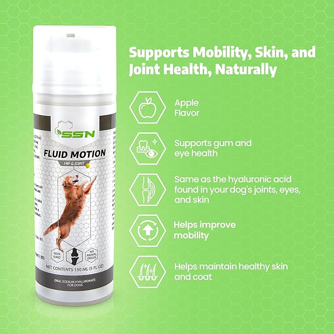 Fluid Motion - Hip & Joint Support for Dogs - Liquid Hyaluronic Acid - Mobility, Comfort and Joint Supplement for Senior Dogs - Apple Flavor - Glucosamine Alternative (60-120+ Day Supply)