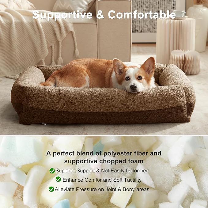 FURTIME Washable Dog Bed Large Sized Dogs, Washable Comfy Fluffy Large Dog Bed, Removable Zipper Cover Machine Wash, Soft Orthopedic Bed Durable Pet Cuddler with Anti-Slip Bottom, 36"x27"x8", Brown