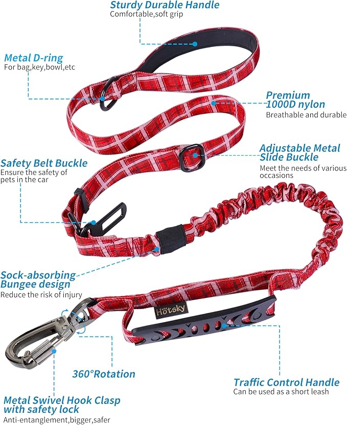 Hotsky Tactical Dog Leash Heavy Duty for Medium Large Dogs That Pull,4-6Ft Strong Bungee Shock Absorbing No Pull Dog Leash with Padded Double Handle and Car Seatbelt,Redplaid