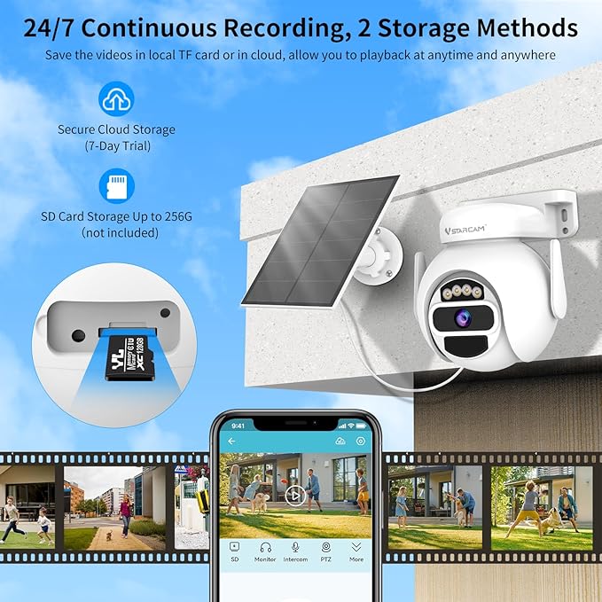 VSTARCAM Solar Security Camera Wireless Outdoor, 3MP Battery Powered WiFi Cameras Outside with Color Night Vision, Pan/Tilt, PIR Human Detection, 2-Way Audio, IP66, Local/Cloud Storage