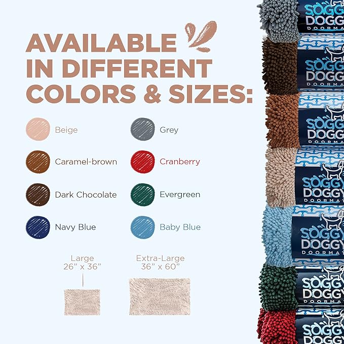 Soggy Doggy Doormat Plain Solid Color Design - Ultra Absorbent Microfiber Chenille Wet Dog Mat for Muddy Paws - Non-Slip and Machine Washable (Beige, Large 26” x 36”)