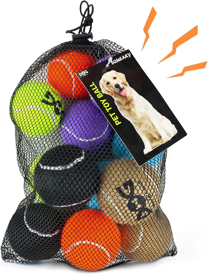 Squeaky Tennis Balls for Dogs - 12 Pack 2.5'' Durable Non-Toxic Outdoor Dog Toys Balls with Mesh Bag, SGS Certified, Colorful Fetch Toys, Medium Large Breeds