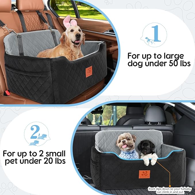 Dog Car Seat for Medium/Large Dogs,Pet Booster Car Seats for Under 50lbs or 2 Small Dogs, Detachable and Washable Pet Bed,Multi-Functional Travel Dog Bed(Black/Grey)