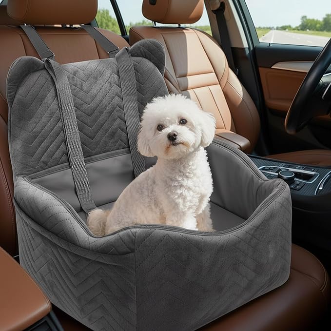 Dog Car Seat for Small/Medium Dogs Up to 30 lbs, Memory Foam Dog Booster Car Seats with Waterproof PU Cover, Pet Seat with Storage Pockets & 2 Safety Belt for Travel(Grey)