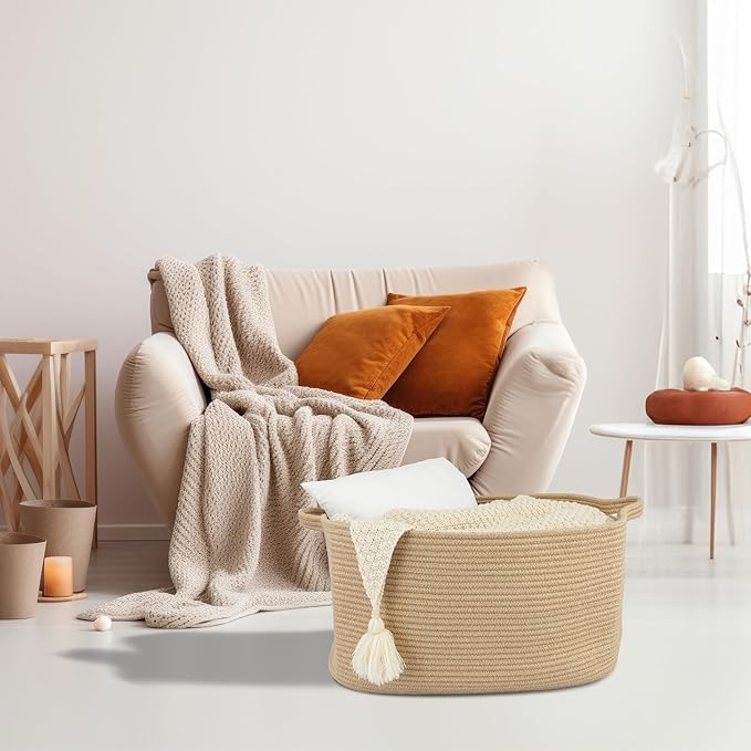 XUANGUO Large Rectangle Blankets Basket Living Room 22"x17"x12" Woven Jute Rope Storage Baskets for Nursery Toy Baskets for Kids and Dogs Wicker Laundry Basket Bin for Clothes Towels