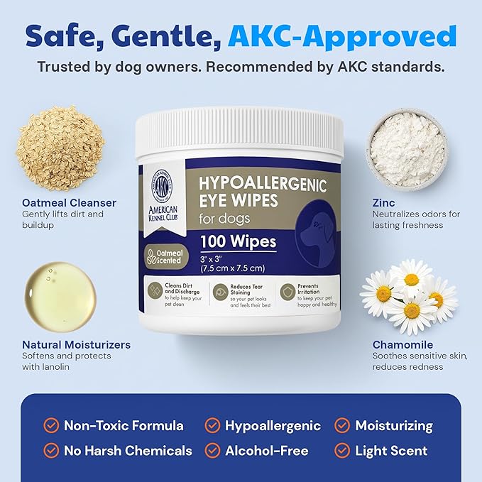 American Kennel Club Pet Eye Wipes for Dogs & Cats – Tear Stain Remover & Eye Discharge Cleaner – Hypoallergenic Grooming Wipes, 100 Count (Oatmeal Scent)