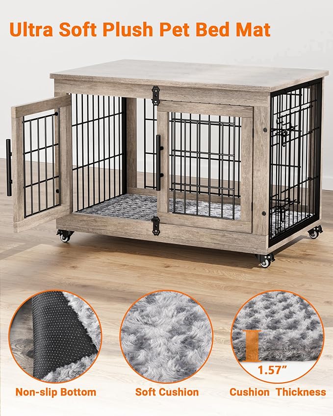 YaFiti Dog Crate Furniture with Cushion, Wooden Dog Kennel with Double Doors, Heavy Duty Dog Cage End Table with Wheels, Dog House Indoor for Small Medium Dogs up to 45 lb, 32.5” L, Grey