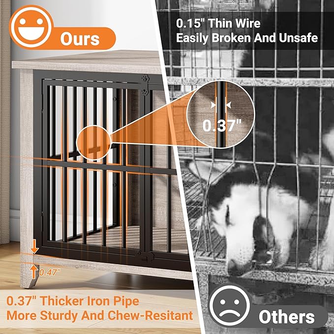 YaFiti 31.5" Dog Crate Furniture, Wooden Dog Kennel Indoor with 360° Rotating Feeder and 2 Adjustable Bowls, Decorative Side End Table Dog Cage for Medium and Small Dogs, Grey