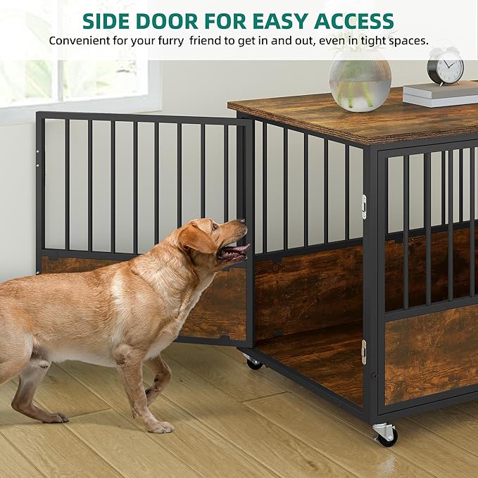 YITAHOME 43" Dog Crate Furniture with Wheels, Wooden Side End Table, Double-Doors Dog Kennel Indoor for Small/Medium/Large Dogs, Escape Proof Dog House Dog Cage, Rustic Brown